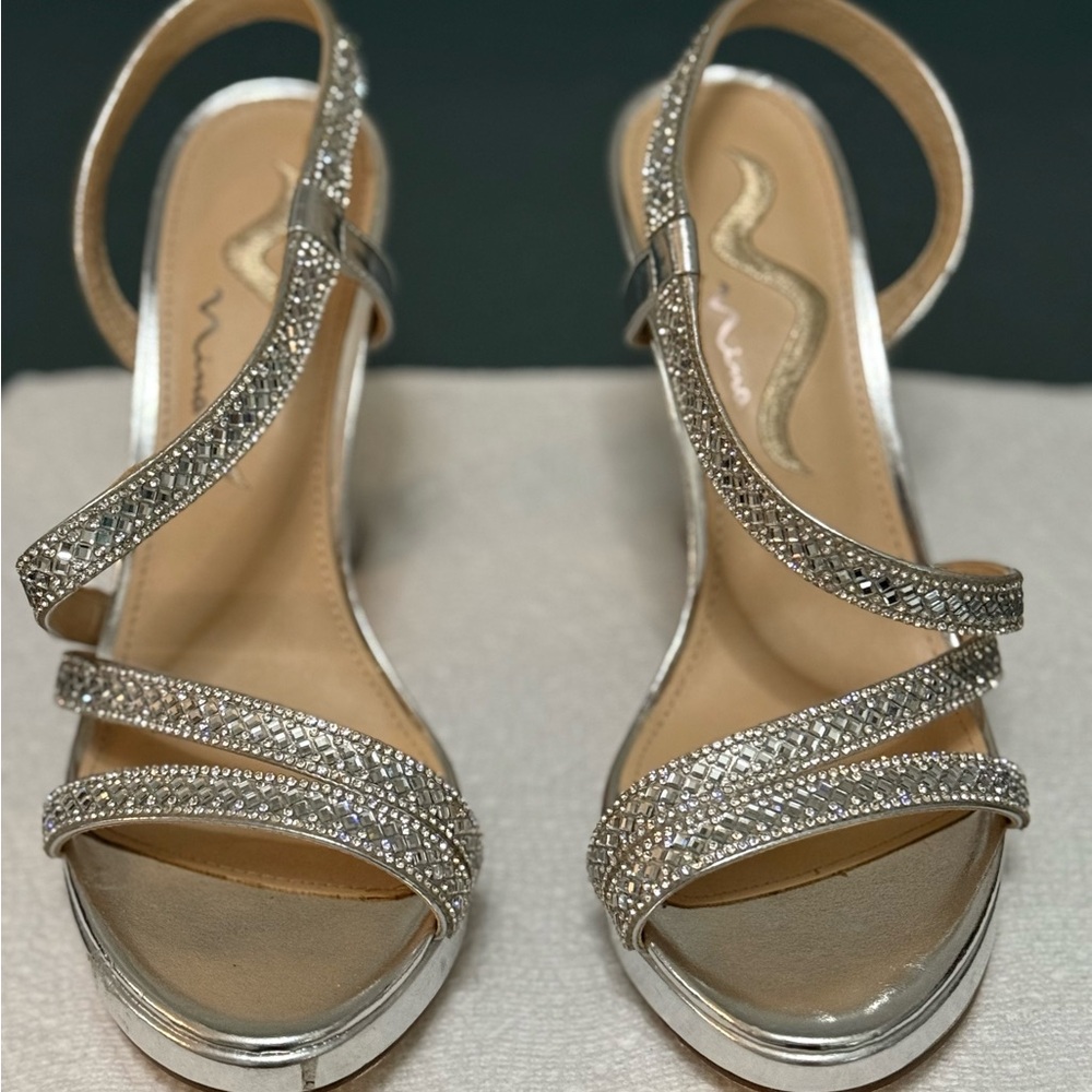 Elegant Silver Strappy Heels w/ handbag